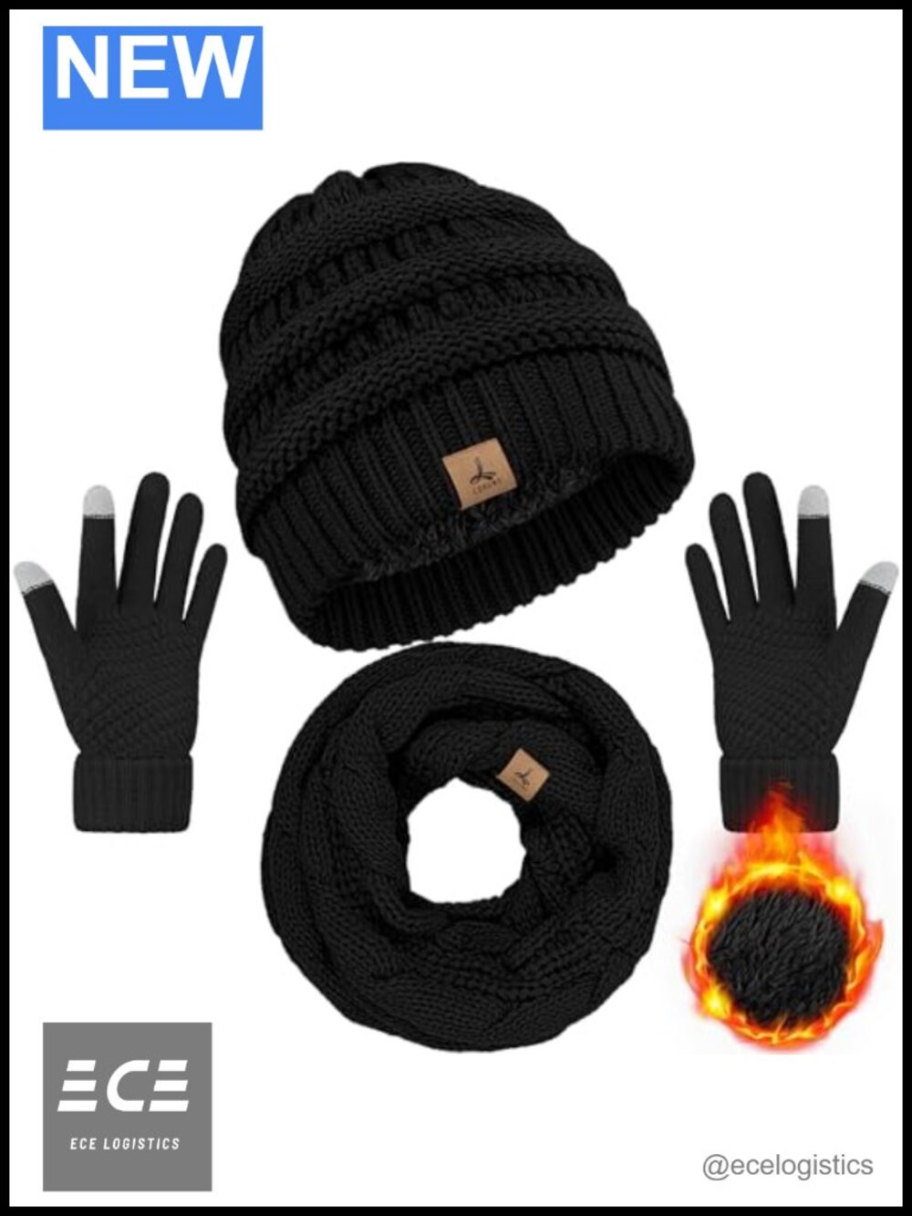 Unisex Winter Beanie Hat Scarf Gloves Set Fleece Lined Acrylic Touch Screen Knit